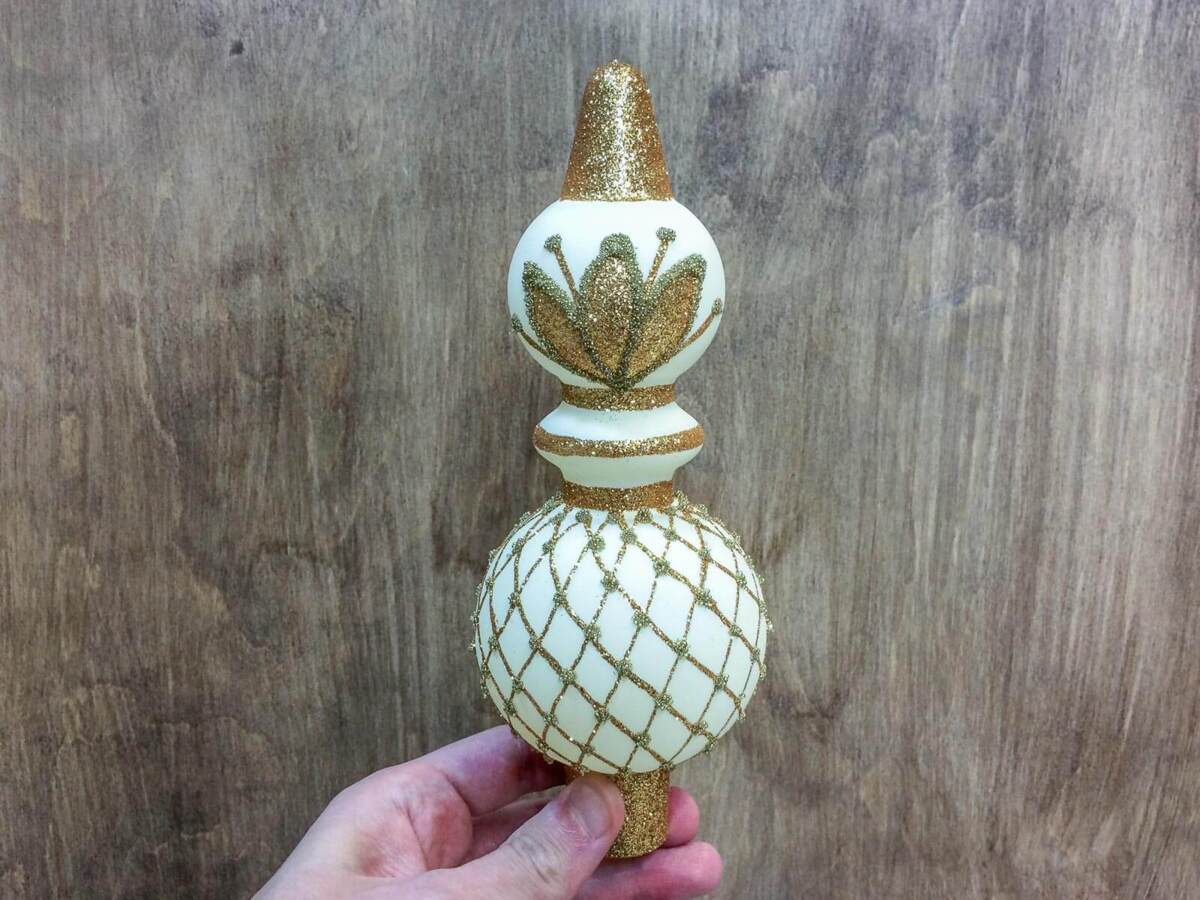 Szpic zdobiony (Beżowy, złoty mat) - 20 x 9 cm bombka choinkowa szklana