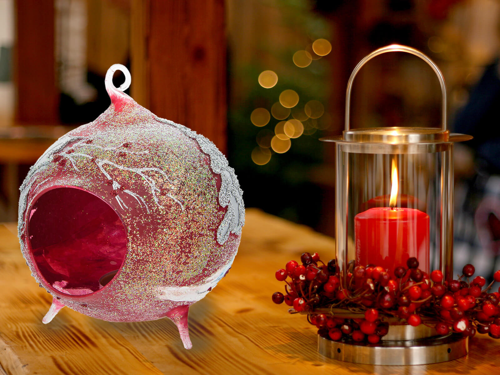 Bombka kominek lampion (Czerwona, tealight) - 120 mm 1 szt bombka choinkowa szklana