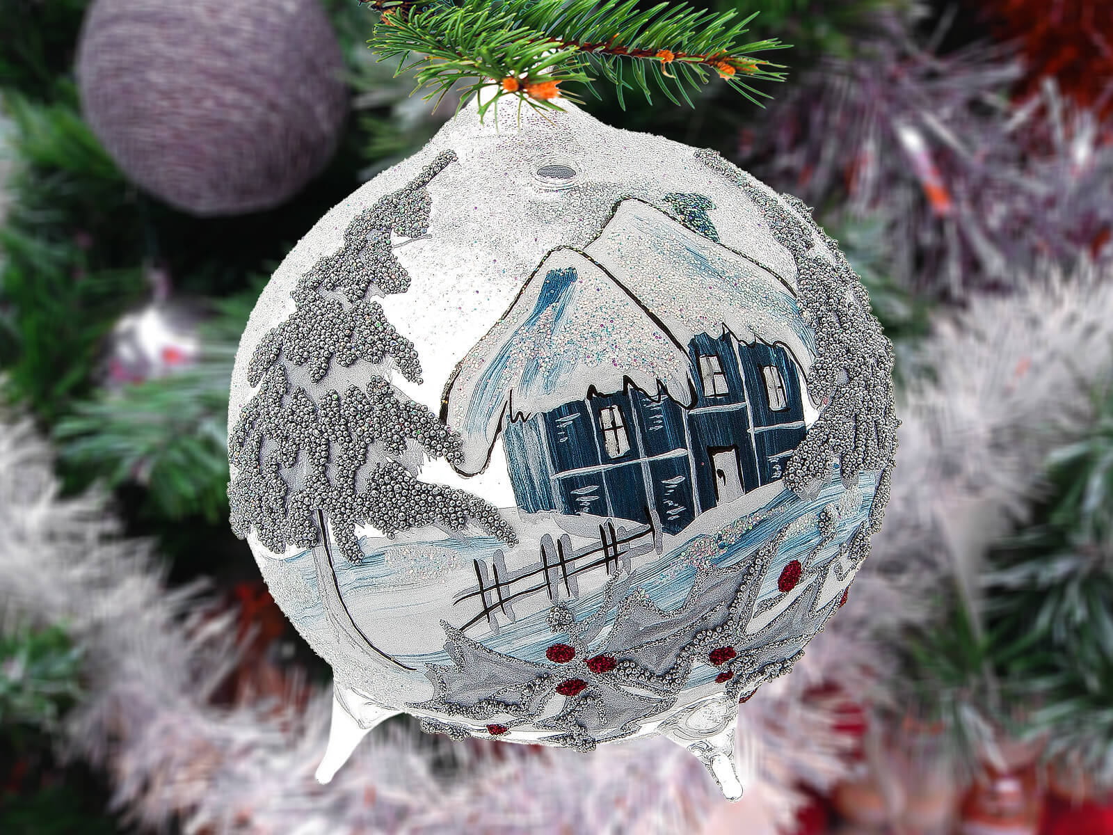 Bombka kominek lampion (Srebrna, tealight) - 120 mm 1 szt bombka choinkowa szklana