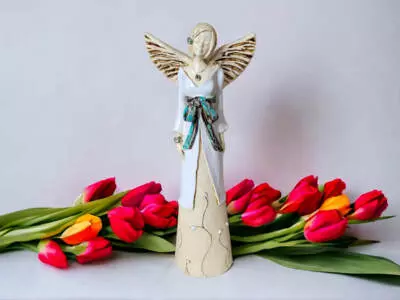 Anioł Lily - biały z turkusem -  35 x 15 cm figurka dekoracyjna gipsowa