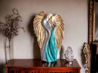 Zakochane Anioły - wiszące srebrno turkusowe -  35 x 21 cm figurka dekoracyjna gipsowa