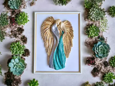 Zakochane Anioły + ramka - wiszące srebrno turkusowe -  35 x 21 cm figurka dekoracyjna gipsowa