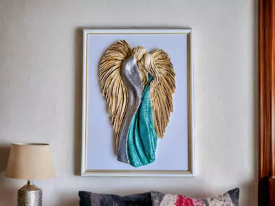 Zakochane Anioły + ramka - wiszące srebrno turkusowe -  35 x 21 cm figurka dekoracyjna gipsowa