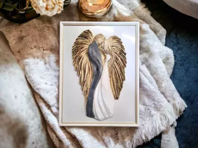 Zakochane Anioły + ramka - wiszące srebrne -  35 x 21 cm figurka dekoracyjna gipsowa