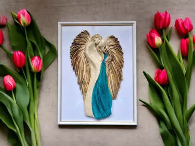 Zakochane Anioły + ramka - wiszące turkusowe -  35 x 21 cm figurka dekoracyjna gipsowa
