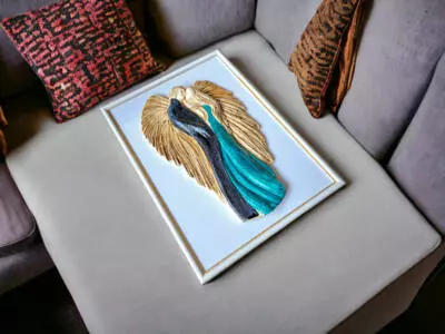 Zakochane Anioły + ramka - wiszące granatowo turkusowe -  35 x 21 cm figurka dekoracyjna gipsowa
