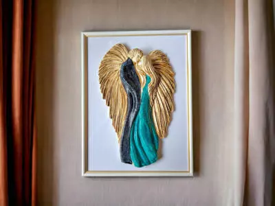 Zakochane Anioły + ramka - wiszące granatowo turkusowe -  35 x 21 cm figurka dekoracyjna gipsowa
