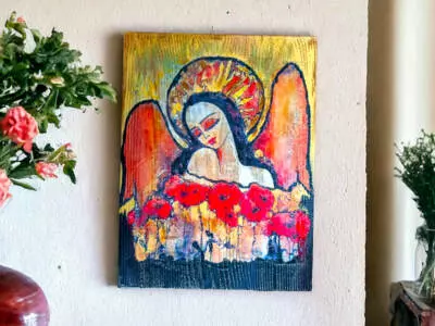 Anioł z Makami - obraz na desce -  22.5 x 29.5 cm