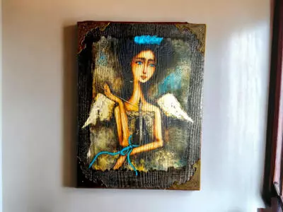 Anioł Wiolina - obraz na desce -  22.5 x 29.5 cm