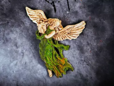 Anioł z Harfą - zielony -  25 x 33 cm figurka dekoracyjna gipsowa