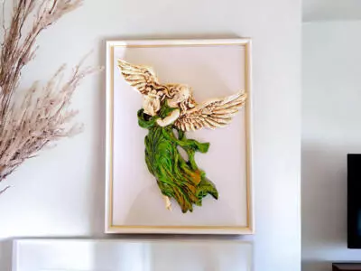Anioł z Harfą - zielony -  25 x 33 cm figurka dekoracyjna gipsowa