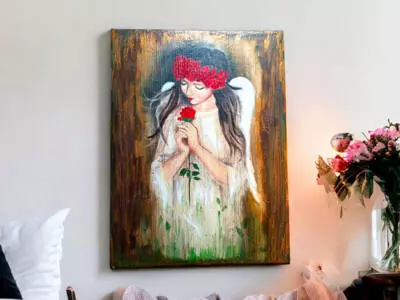 Anioł z Różą - obraz na desce -  22.5 x 29.5 cm