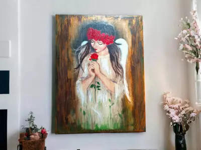 Anioł z Różą - obraz na desce -  22.5 x 29.5 cm