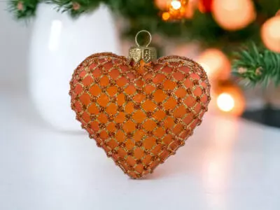 Bombki serca pomarańczowo złote -  8 x 7 cm bombki choinkowe szklane 6 szt