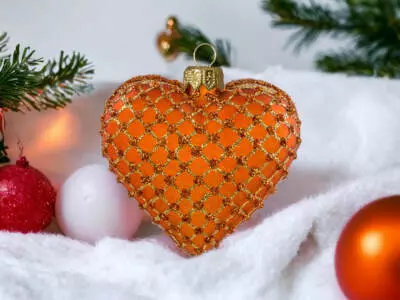 Bombki serca pomarańczowo złote -  8 x 7 cm bombki choinkowe szklane 6 szt