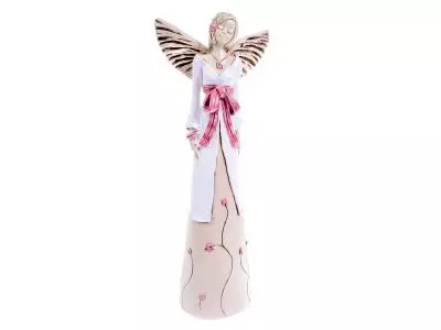 Anioł Lily - biały z różem -  35 x 15 cm figurka dekoracyjna gipsowa