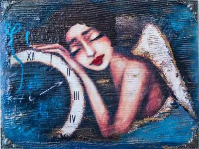 Anioł Karolina z zegarem - obraz na desce -  22.5 x 29.5 cm