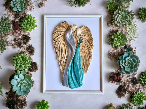 Figurka zakochanych aniołów + ramka - wiszące srebrno turkusowe -  35 x 21 cm figurka dekoracyjna