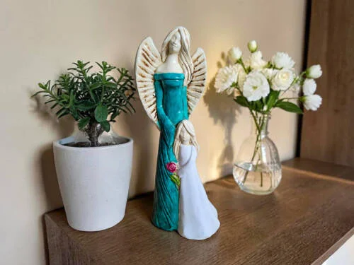 Anioł Hannah & Evelyn - turkus biały -  32 x 15 cm figurka dekoracyjna gipsowa