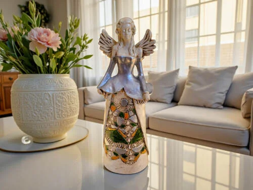 Anioł Anna - srebrny -  35 x 15 cm figurka dekoracyjna gipsowa