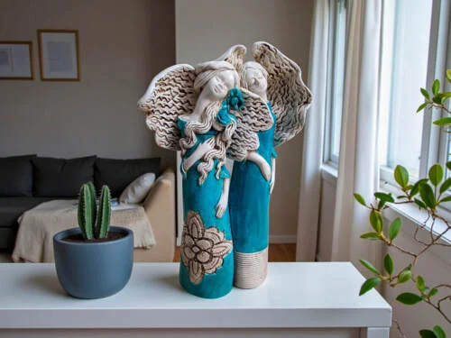 Anioł Nora & Ellie - turkus całe -  27 x 14 cm figurka dekoracyjna gipsowa