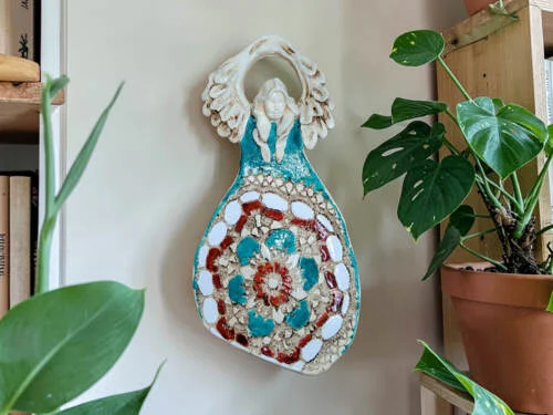 Anioł Obfitości - turkus brąz -  31 x 16 cm figurka dekoracyjna gipsowa