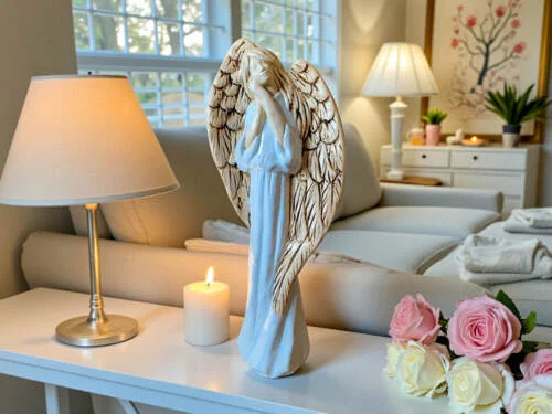 Anioł Gabriel - Niebiański jasny -  40 x 18 cm figurka dekoracyjna gipsowa