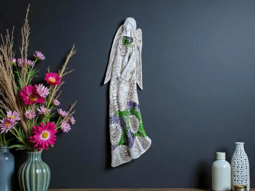 Anioł Genesis - wiszący zielony szary -  55 x 20 cm figurka dekoracyjna gipsowa