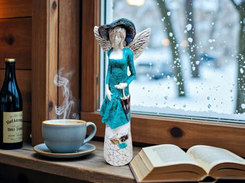 Anioł Olivia - turkus -  32 x 15 cm figurka dekoracyjna gipsowa