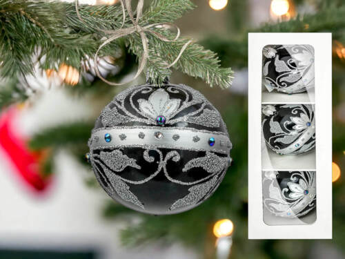 Bombki Królewskie srebrne na czarnej porcelanie -  80 mm  bombki choinkowe szklane