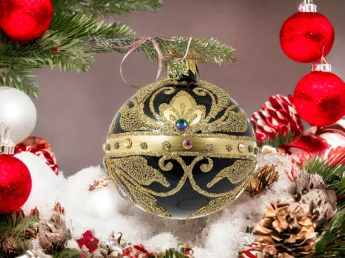Bombki Królewskie złote na czarnej porcelanie -  80 mm  bombki choinkowe szklane 4 szt