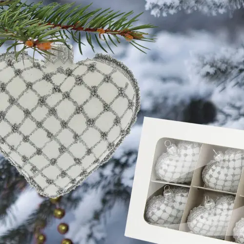 Bombki serca biało srebrne -  8 x 7 cm bombki choinkowe szklane 6 szt
