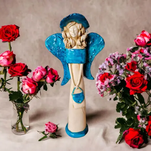 Anioł Coco - turkusowy -  30 x 14 cm figurka dekoracyjna gipsowa