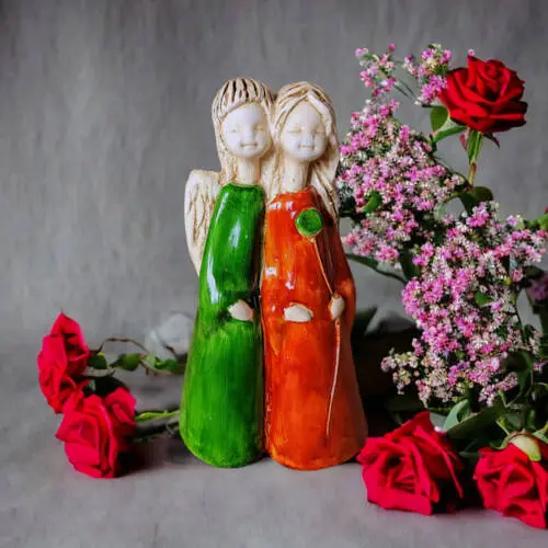 Anioły Apple & Ella - zielony pomarańcz -  18 x 10 cm figurka dekoracyjna gipsowa
