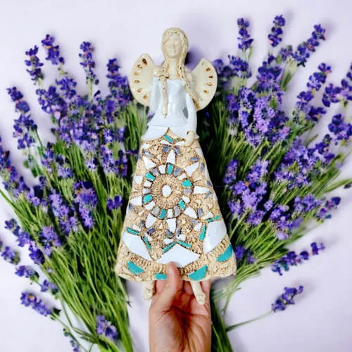 Anioł Heather - biały szary turkus -  35 x 15 cm figurka dekoracyjna gipsowa