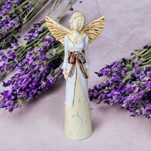 Anioł Lily - biały z brązem -  35 x 15 cm figurka dekoracyjna gipsowa