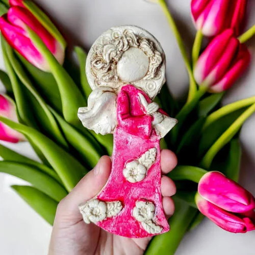 Liolinka z fletem - różowy -  16 x 7 cm figurka dekoracyjna gipsowa