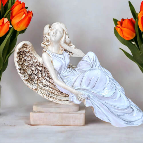 Anioł od Św. Rity - biały srebro -  47 x 25 cm figurka dekoracyjna gipsowa