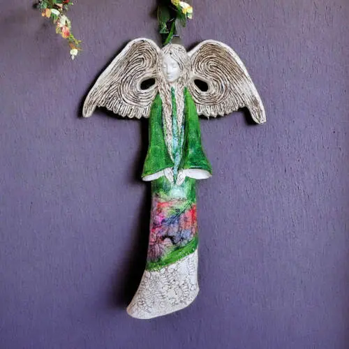 Anioł Clara Art Leaf - zielony -  40 x 28 cm figurka dekoracyjna gipsowa