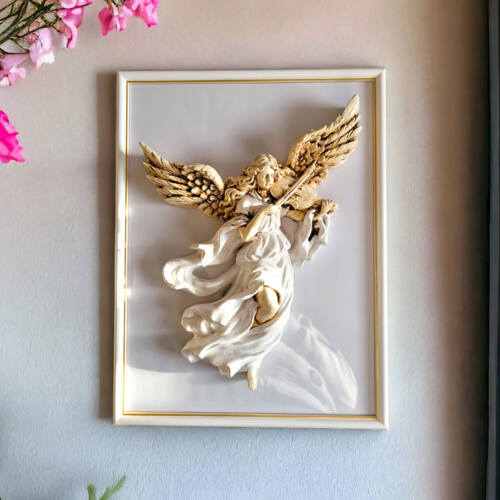 Figurka Anioł ze Skrzypcami z ramką - biała -  25 x 33 cm figurka dekoracyjna gipsowa