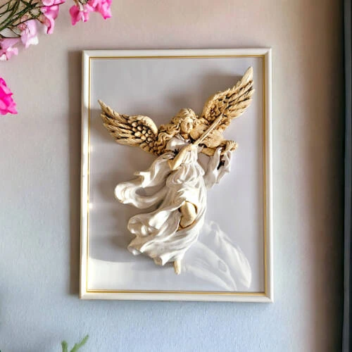 Anioł ze Skrzypcami z ramką - biały -  25 x 33 cm figurka dekoracyjna gipsowa