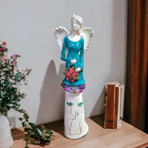 Anioł Mia - turkus jasny -  40 x 16 cm figurka dekoracyjna gipsowa