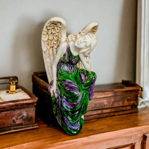Anioł od Św. Rity - zielony fiolet -  47 x 25 cm figurka dekoracyjna gipsowa