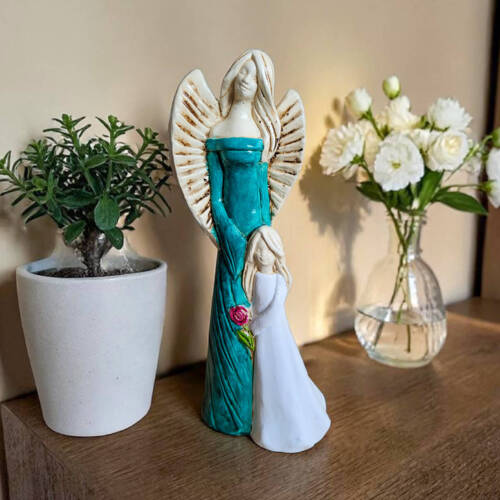 Anioł Hannah & Evelyn - turkus biały -  32 x 15 cm figurka dekoracyjna gipsowa