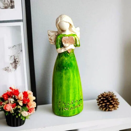 Aniołek z sercem - zielony -  15 x 7.5 cm figurka dekoracyjna gipsowa