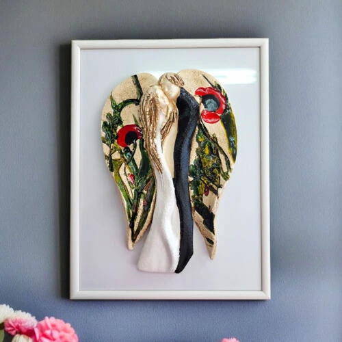 Kochające Anioły + ramka - wiszące biało czarne -  35 x 21 cm figurka dekoracyjna gipsowa