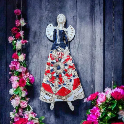 Anioł Heather - granat biały czerwony -  35 x 15 cm figurka dekoracyjna gipsowa