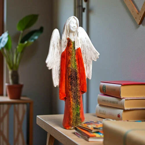 Anioł Julia Art - pomarańcz -  27 x 14 cm figurka dekoracyjna gipsowa