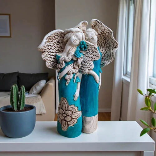 Anioł Nora & Ellie - turkus całe -  27 x 14 cm figurka dekoracyjna gipsowa