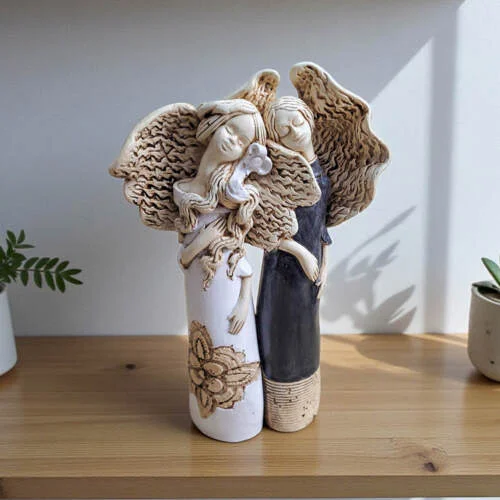 Anioł Nora & Ellie - biało szare -  27 x 14 cm figurka dekoracyjna gipsowa